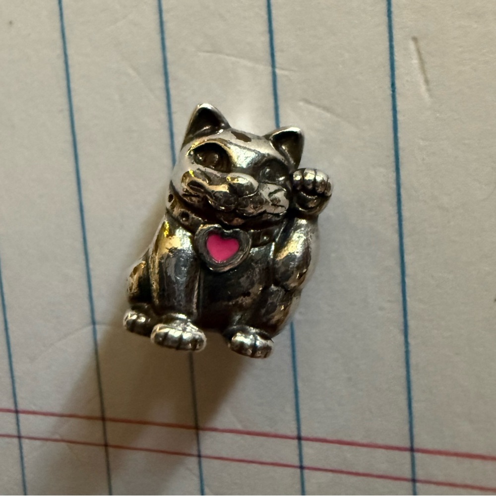 Pandora Sterling Silver Cat Charm with Pink Enamel Heart